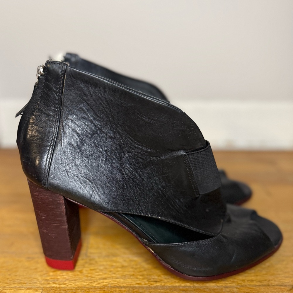 Masiero Black Leather Peep Toe Ankle Booties Block Heel Brazil Size 8